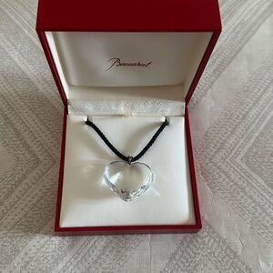 Baccarat Clear Crystal Heart Necklace on Cord 16” Silver Clasp, Includes Box